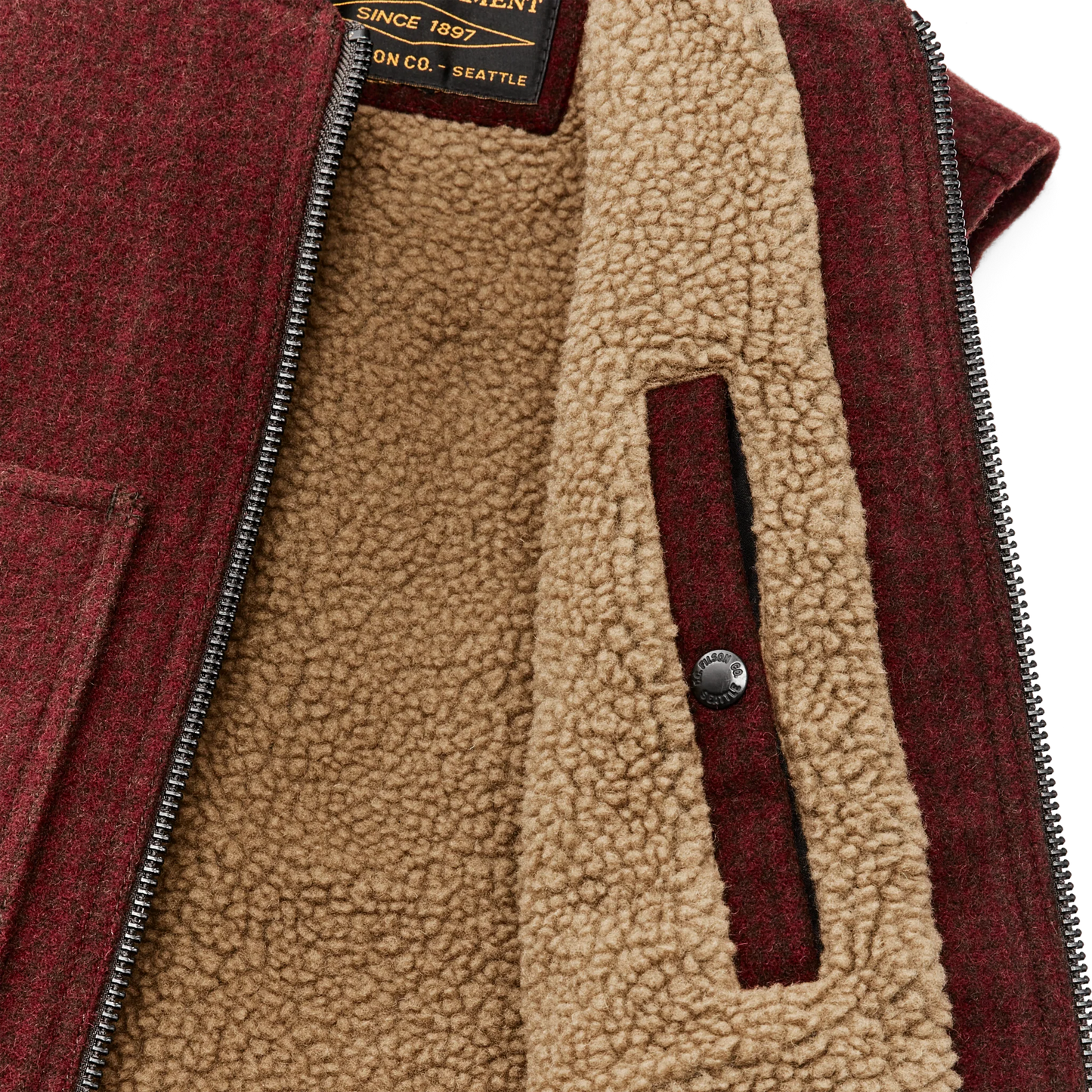 FILSON LINED MACKINAW WOOL WORK VEST - DARK RED/BLACK HOUNDSTOOTH
