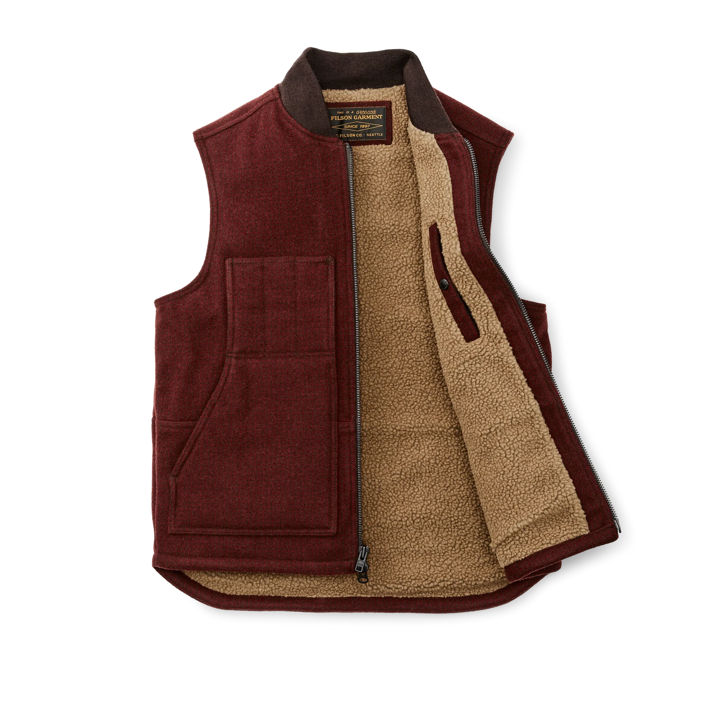 FILSON LINED MACKINAW WOOL WORK VEST - DARK RED/BLACK HOUNDSTOOTH