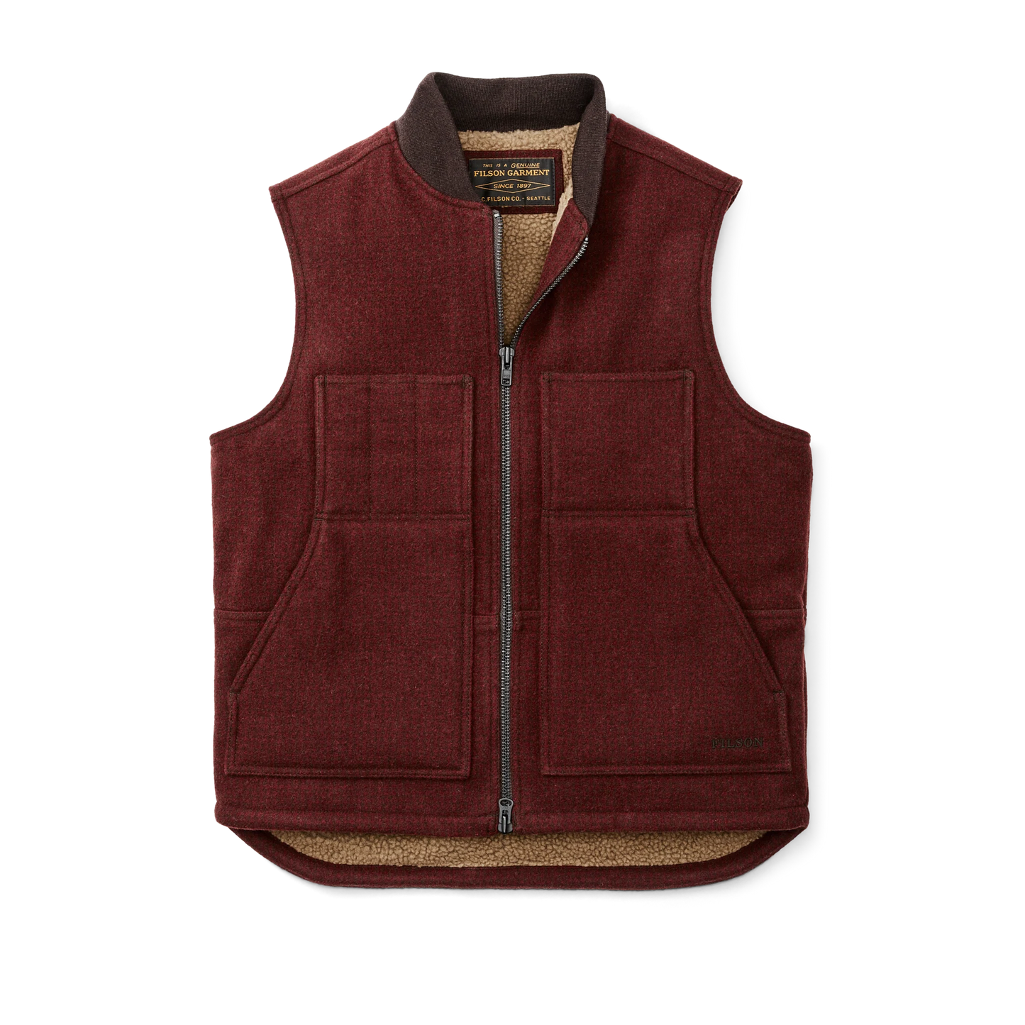 FILSON LINED MACKINAW WOOL WORK VEST - DARK RED/BLACK HOUNDSTOOTH