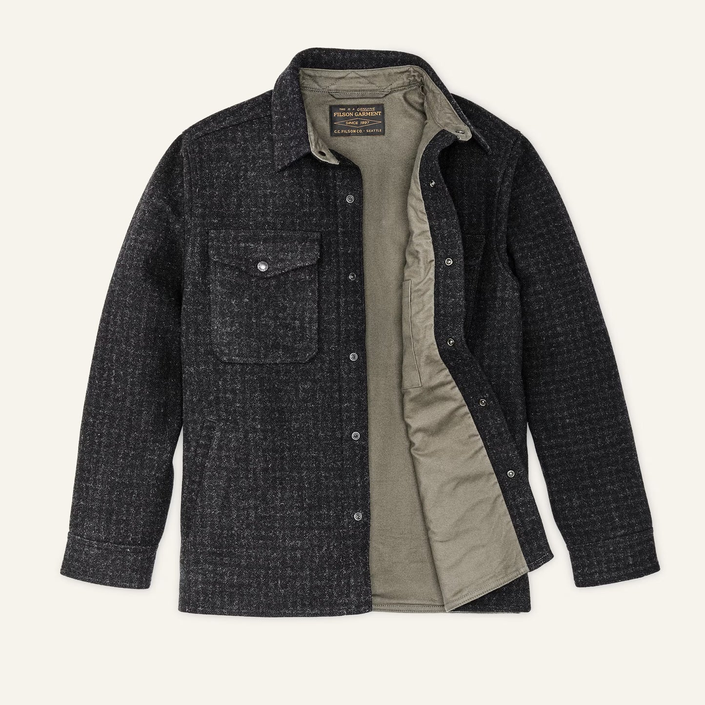 FILSON LINED MACKINAW WOOL JAC-SHIRT - BLACK MARL/HERITAGE PLAID