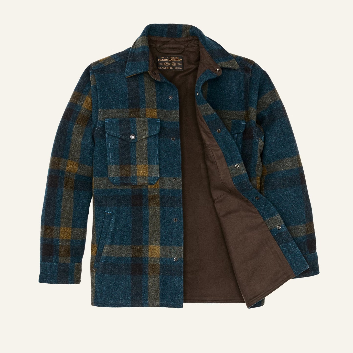 FILSON LINED MACKINAW WOOL JAC-SHIRT - TEAL/OCHRE PLAID