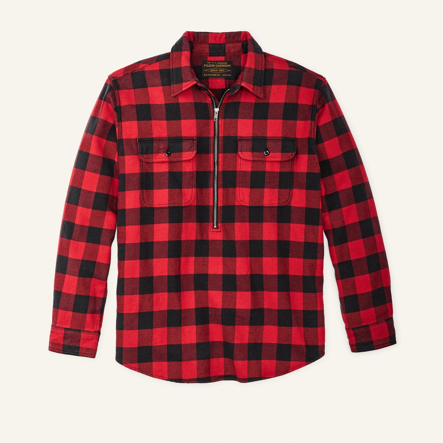 FILSON VINTAGE FLANNEL QUARTER ZIP SHIRT - RED/BLACK BUFFALO CHECK