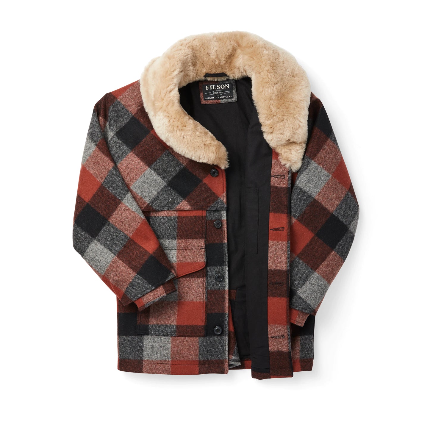 FILSON LINED MACKINAW WOOL PACKER COAT - Black/Charcoal/Rust Buffalo Check