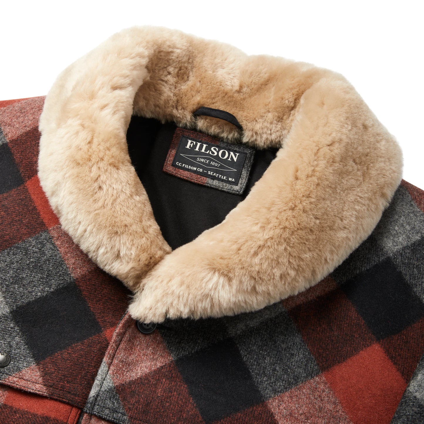 FILSON LINED MACKINAW WOOL PACKER COAT - Black/Charcoal/Rust Buffalo Check