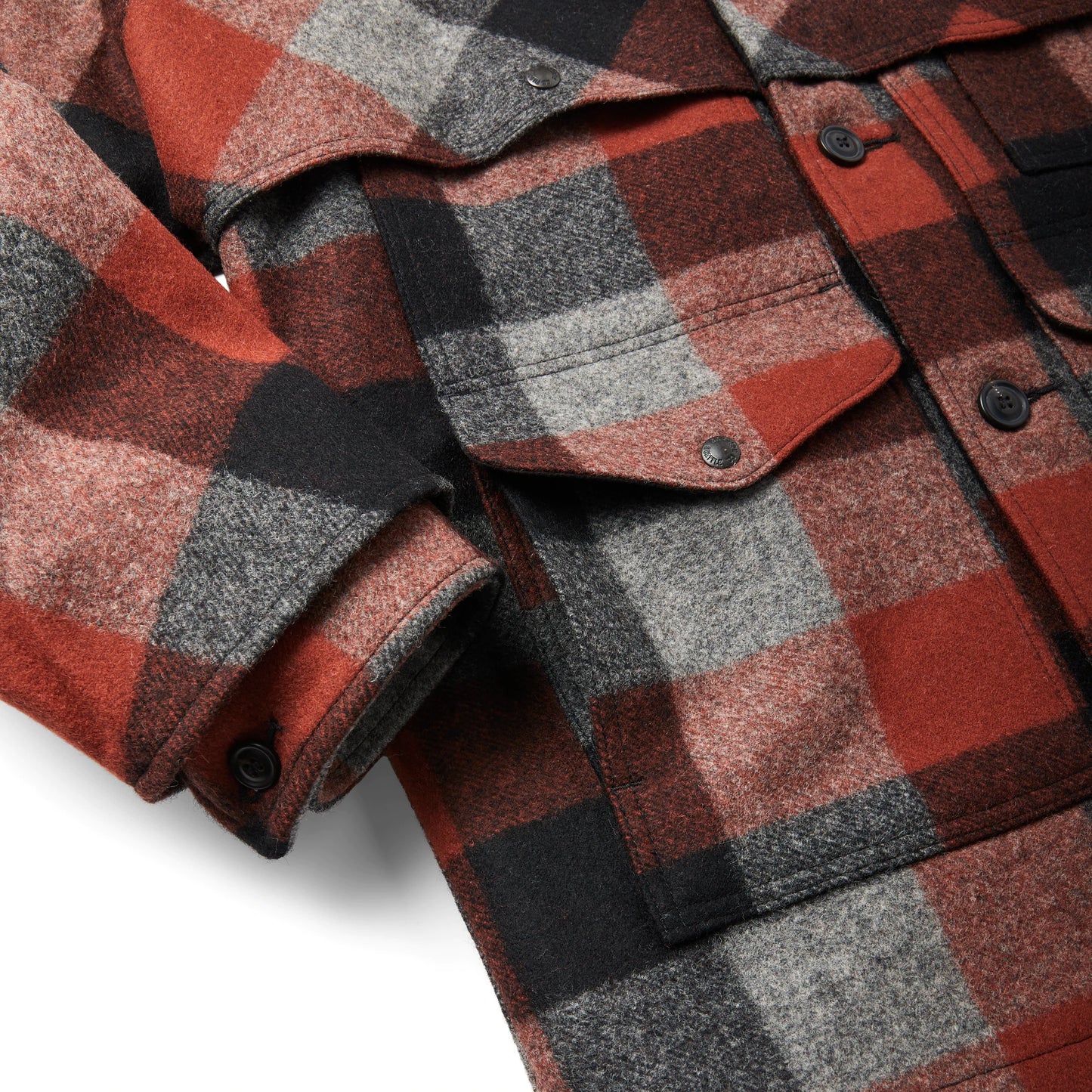FILSON LINED MACKINAW WOOL PACKER COAT - Black/Charcoal/Rust Buffalo Check