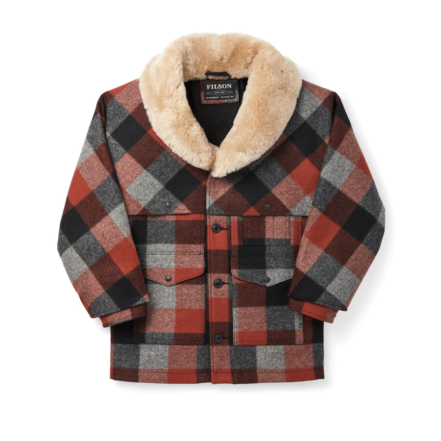 FILSON LINED MACKINAW WOOL PACKER COAT - Black/Charcoal/Rust Buffalo Check