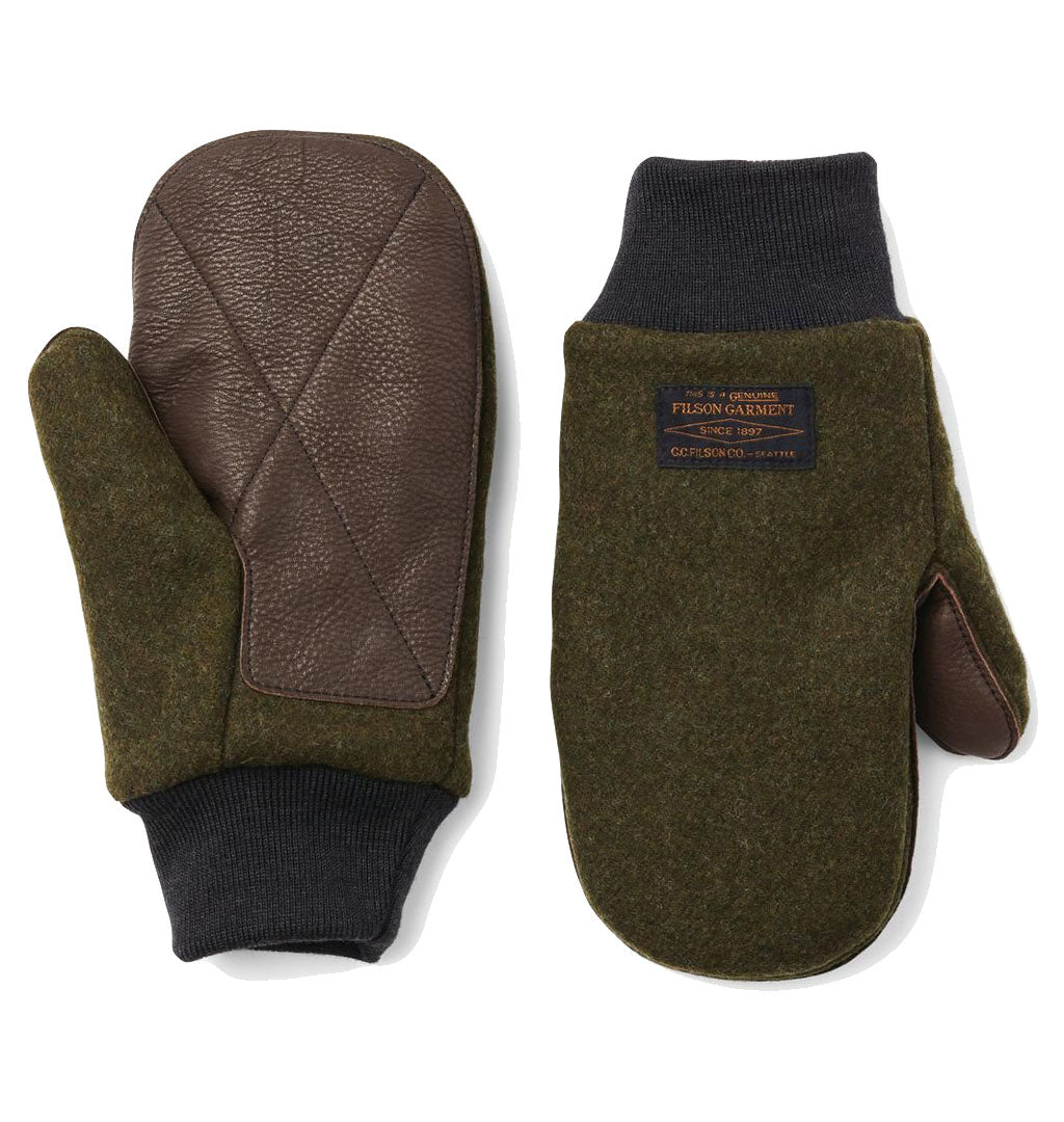 FILSON LEATHER PALM MACKINAW WOOL MITTENS - FOREST GREEN