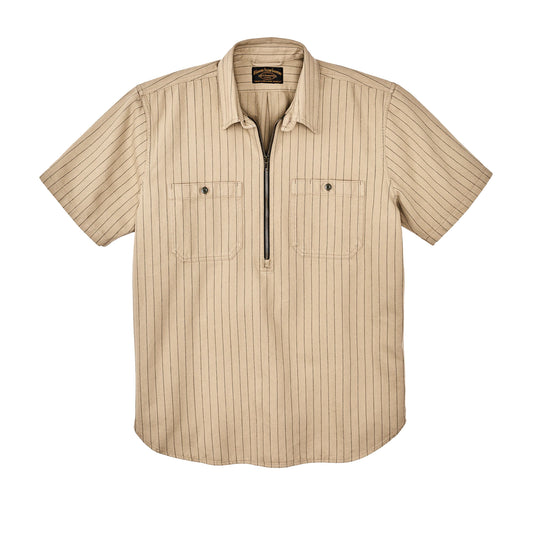 FILSON SHORT SLEEVE MECHANIC SHIRT - TAN HERRINGBONE/GREEN STRIPE